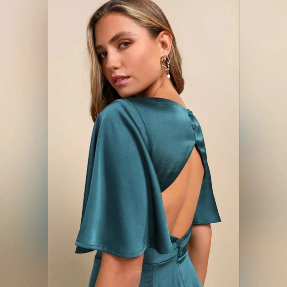 Lulu's Elegant Confidence Teal Satin Flutter Sleeve Cutout Maxi Dress Wedding - Picture 4 of 11